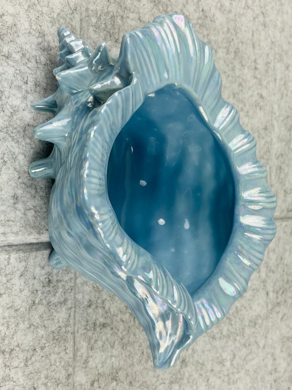 Vintage 1990 Artist Signed Blue Iridescent Ceramic Conch Seashell Planter